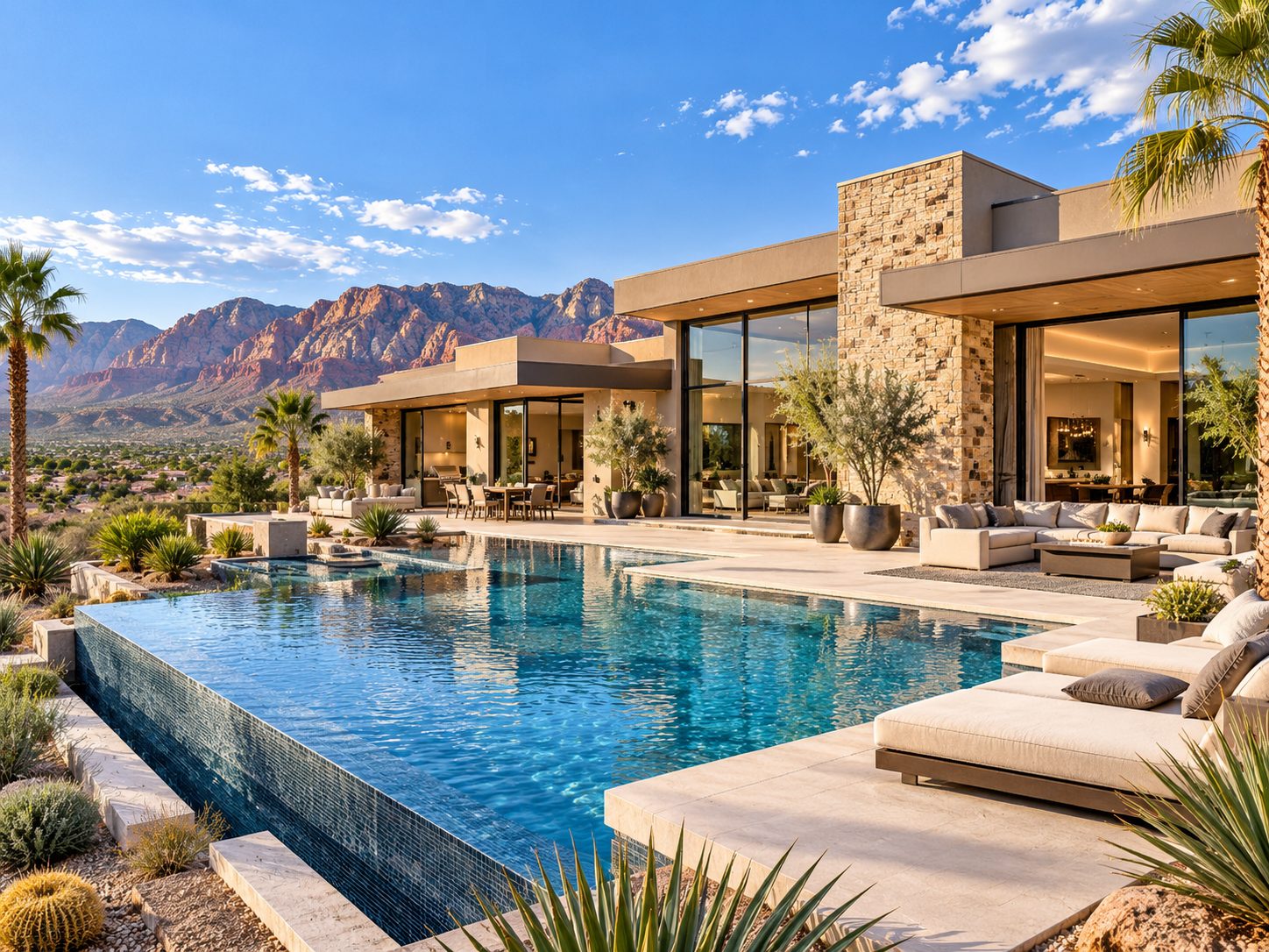 Infinity pool overlooks desert mountains beside a modern luxury home with stone accents