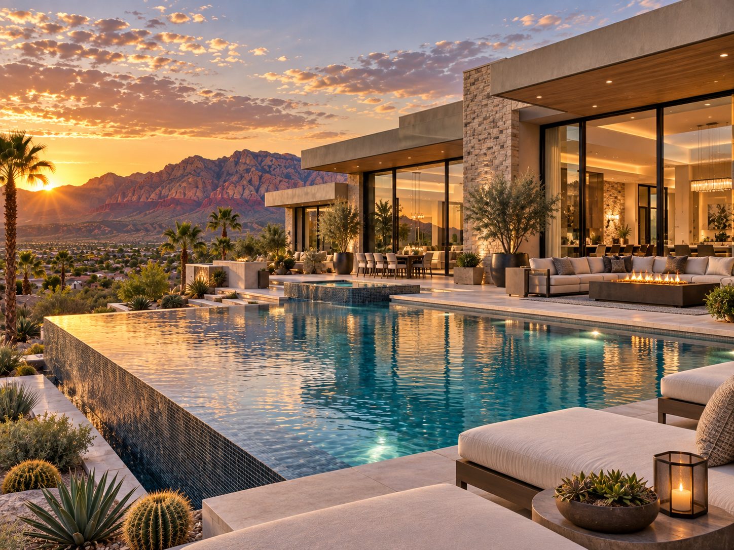 Infinity pool overlooking desert mountains at sunset beside a modern luxury home