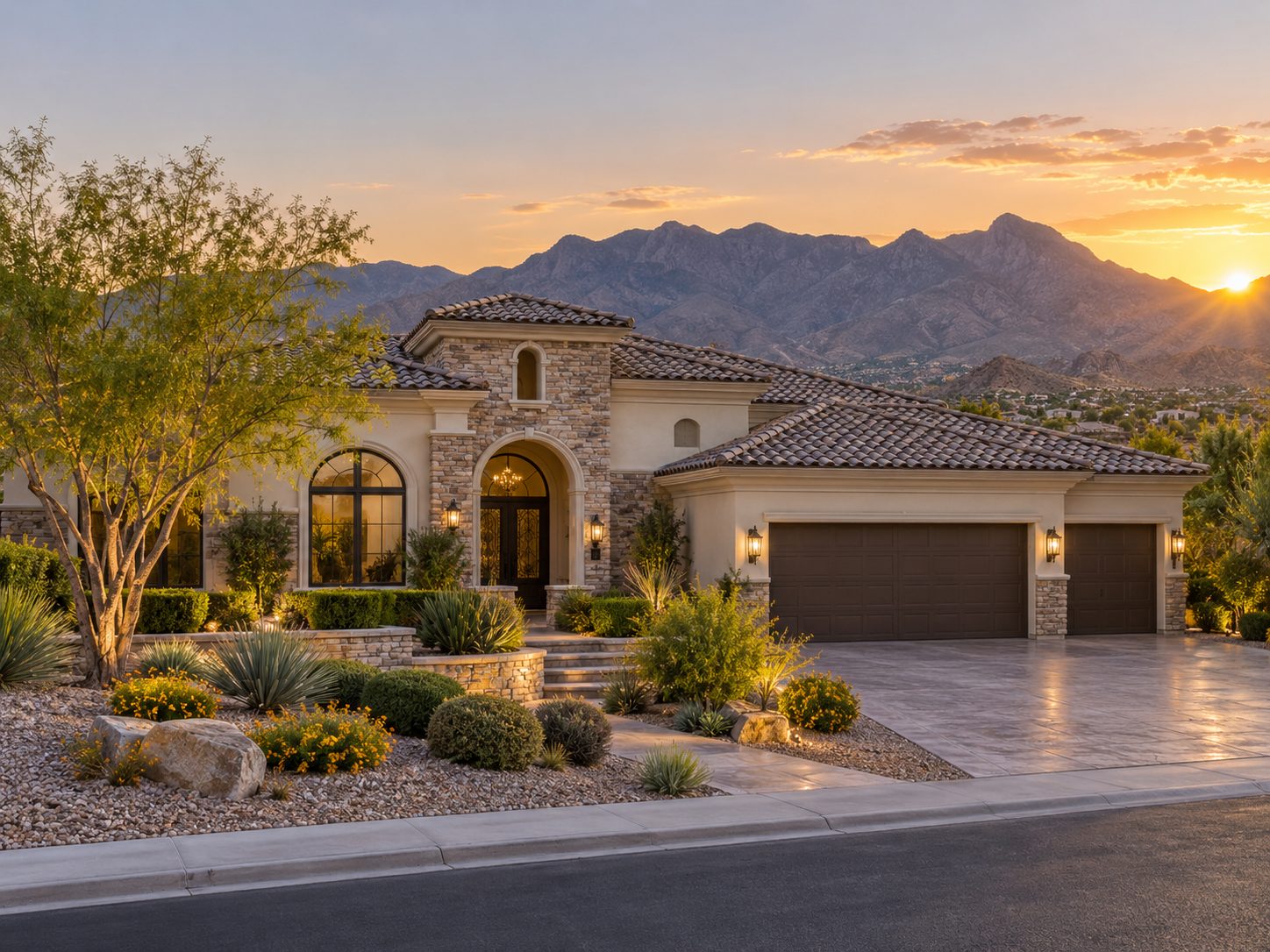 Desert luxury home with stone and stucco facade glows at sunset before mountains