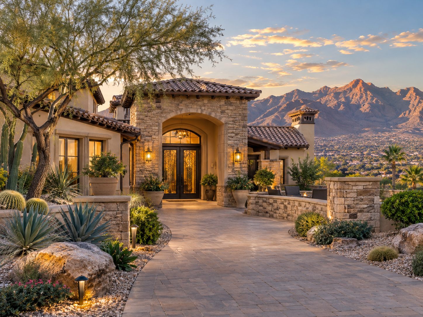 Stone Mediterranean-style desert home entrance with mountain views at sunset