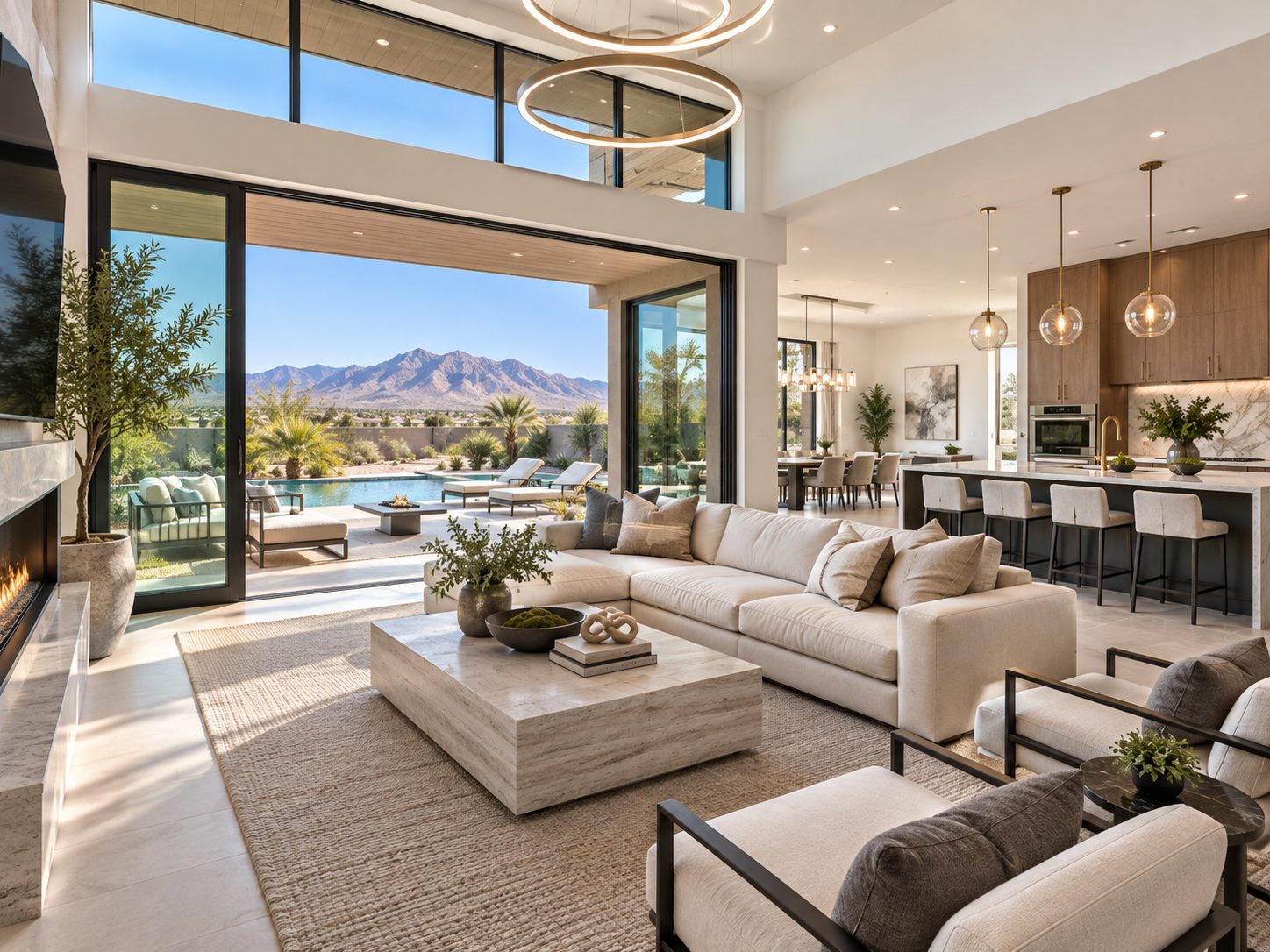 Open-concept living room with sectional sofa, marble table, and pocketing glass doors revealing desert mountains and pool