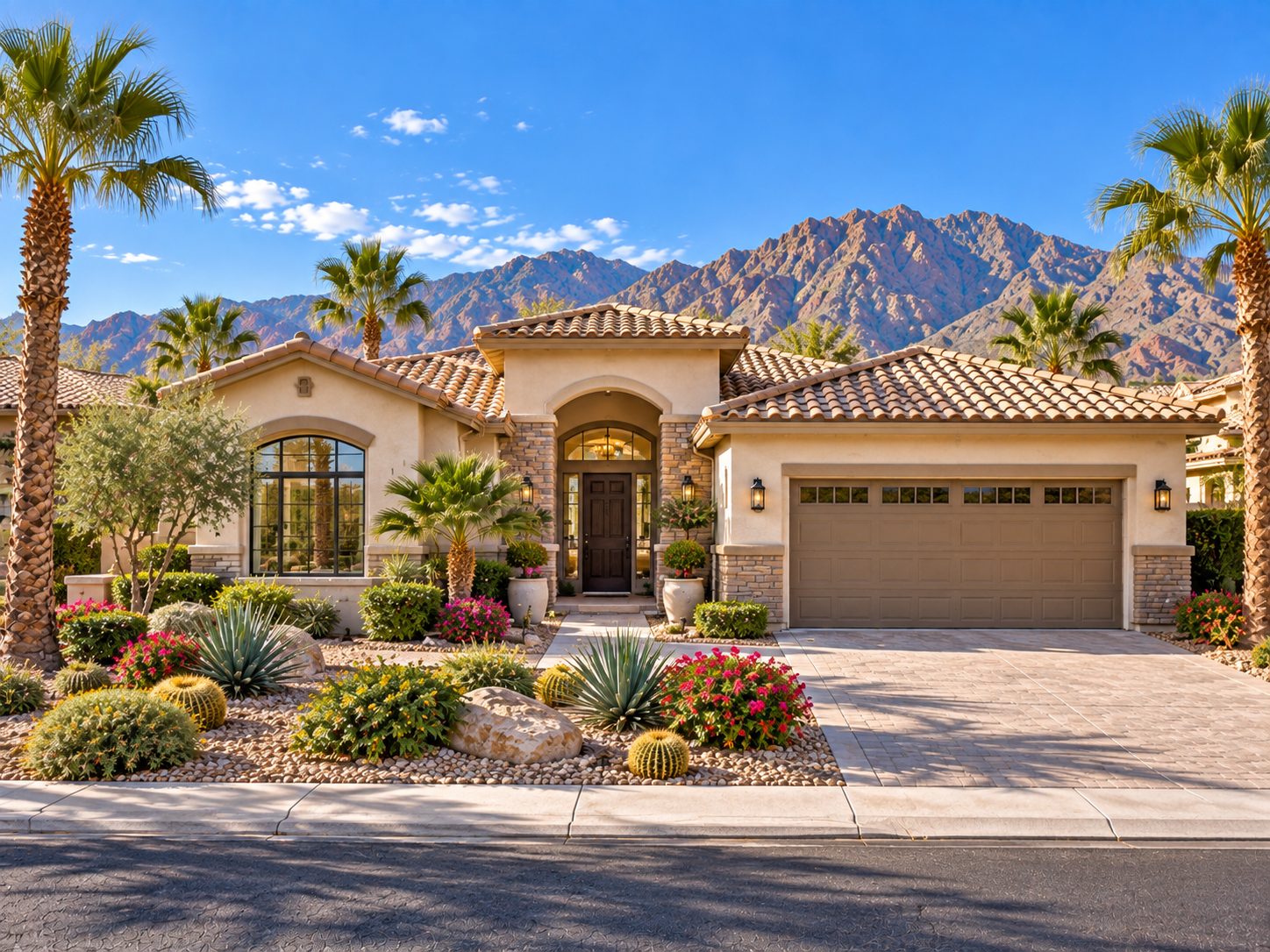 Desert Southwest home with tile roof and stone accents facing rugged mountains under bright blue sky