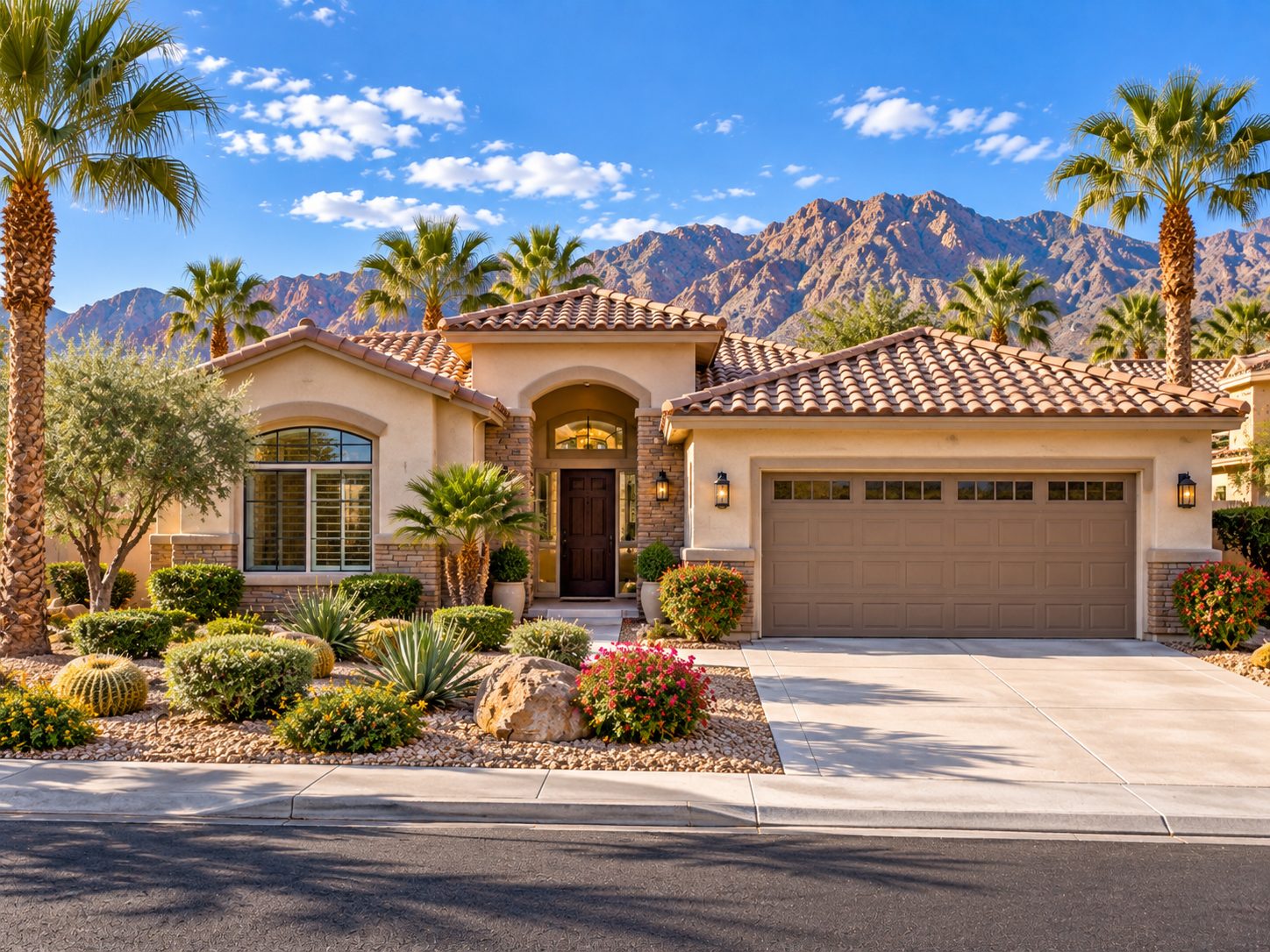 Desert home with tile roof and palm trees framed by mountains under a sunny sky