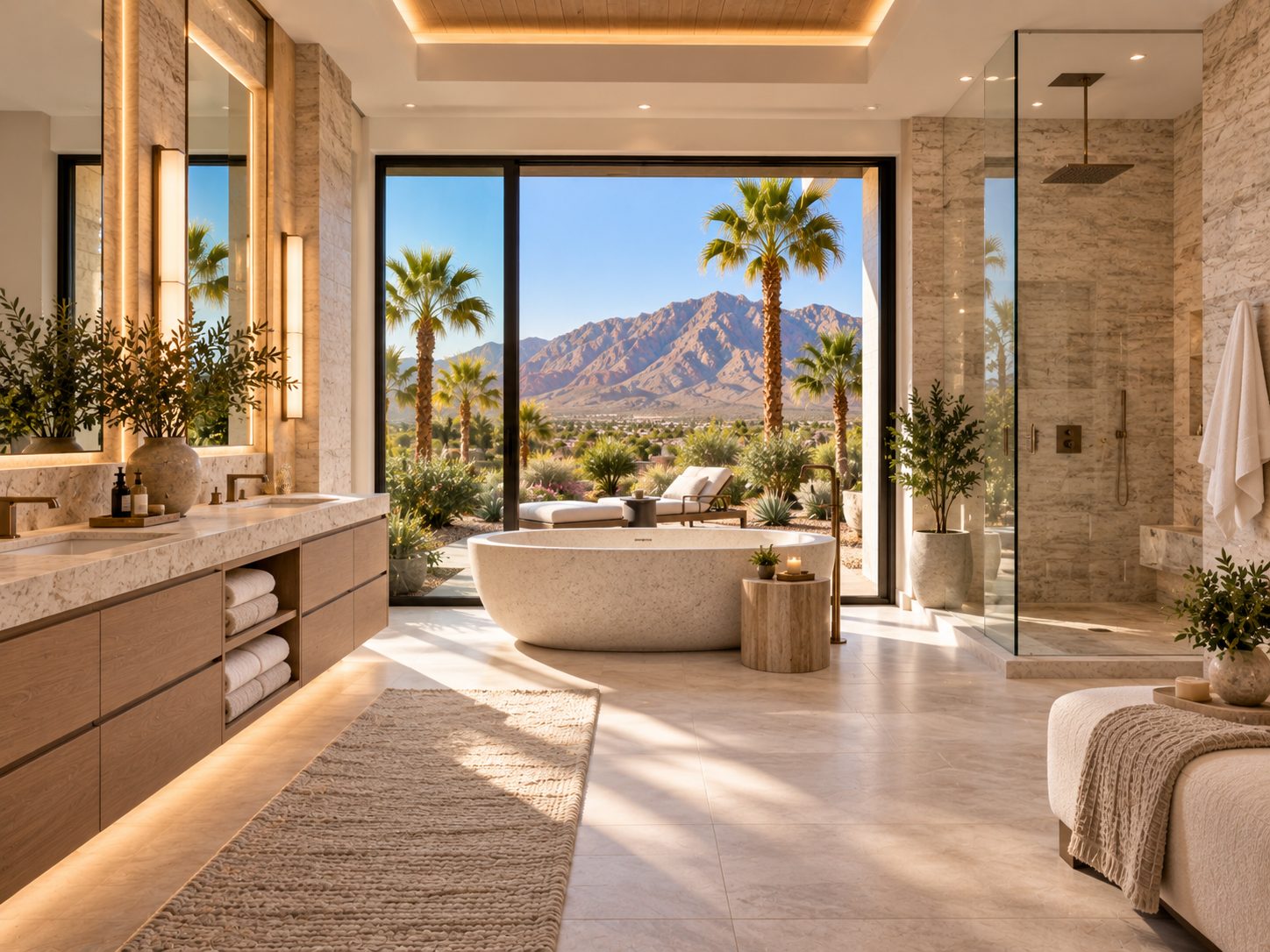 Freestanding oval tub faces floor-to-ceiling windows overlooking palm trees and desert mountains at golden hour