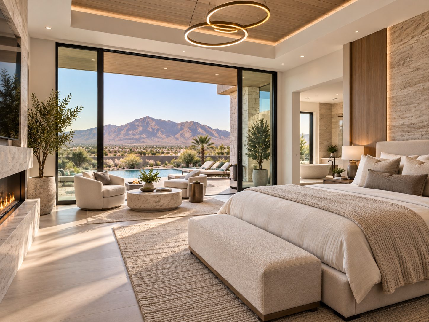 Modern bedroom with fireplace and floor-to-ceiling glass opening to desert mountain view