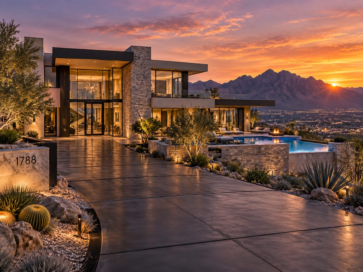 Modern desert mansion with pool at sunset overlooking a city and mountains