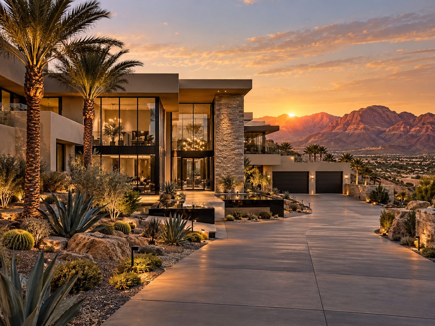 Modern desert mansion with glass walls and stone pillar overlooking mountains at sunset