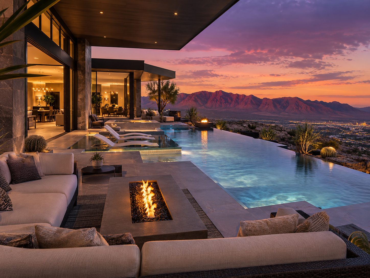 Infinity pool patio with fire pit overlooking desert mountains and city lights at sunset