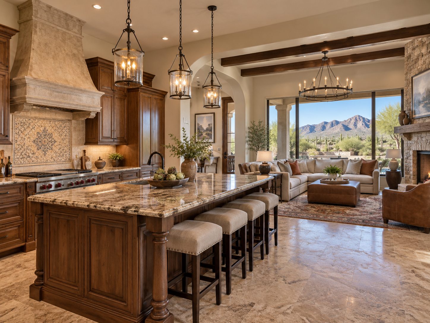 Open-concept kitchen with granite island and bar stools overlooking a living room and desert mountain view