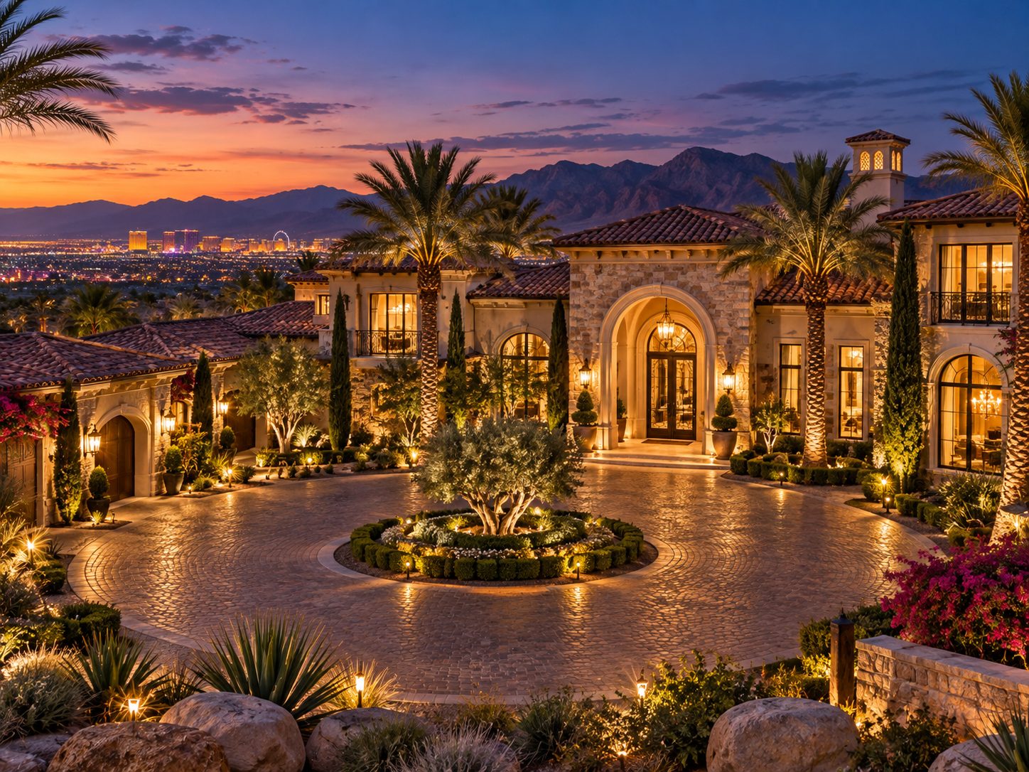 Illuminated Mediterranean-style mansion with circular driveway overlooks Las Vegas lights at dusk