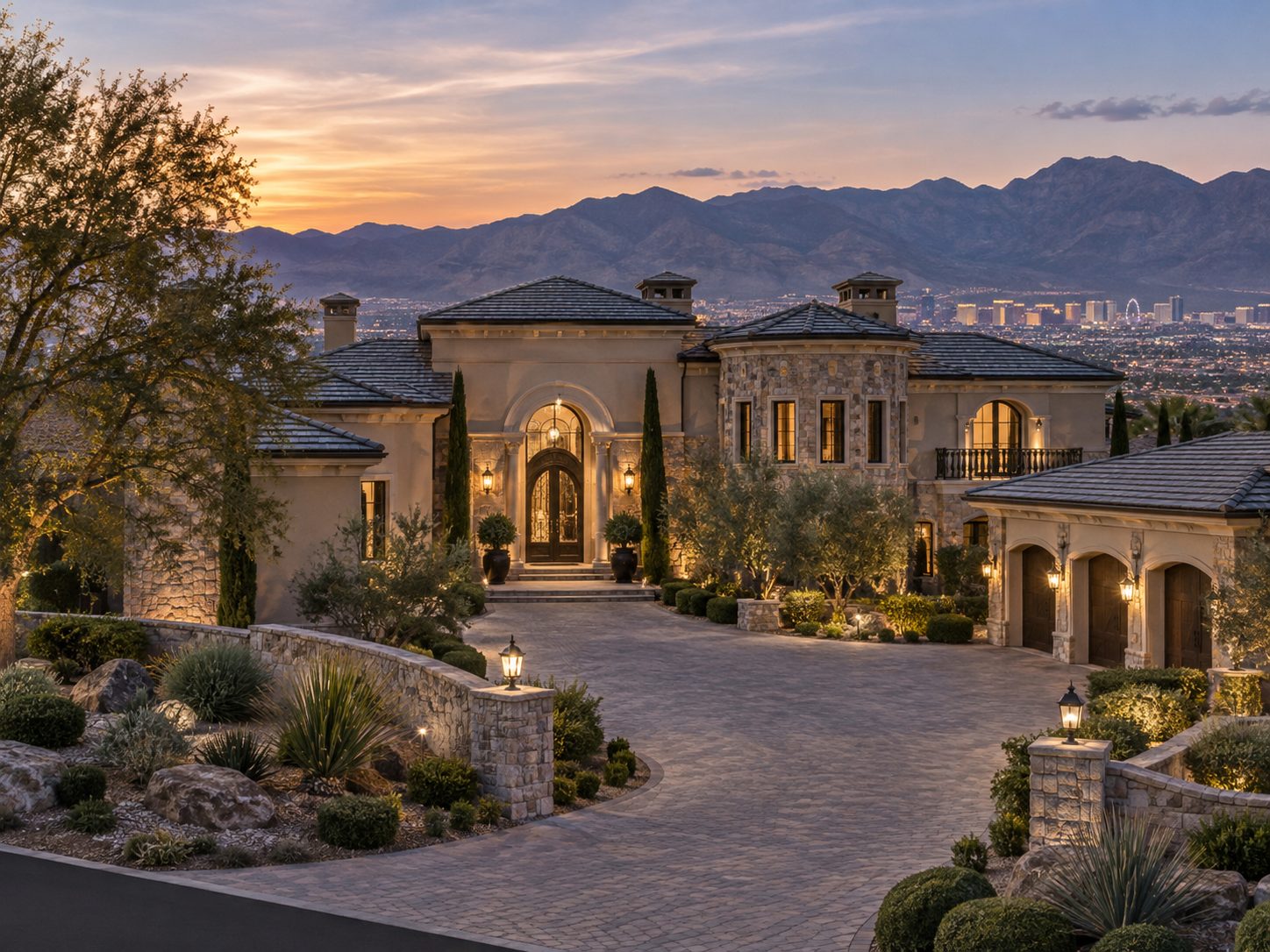 Luxury Mediterranean-style mansion at dusk with mountain and city skyline views
