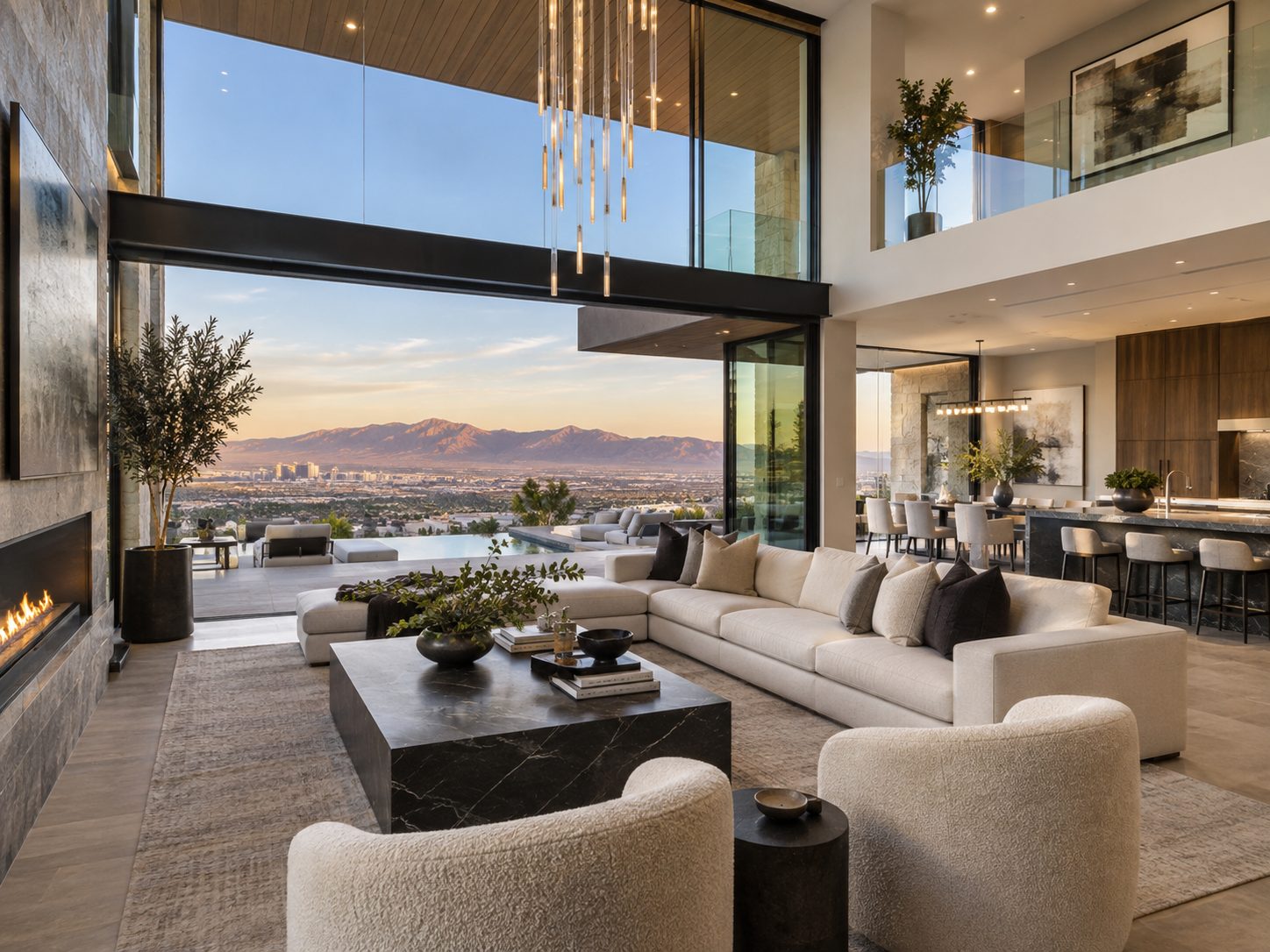 Modern luxury living room with floor-to-ceiling glass opens to Las Vegas valley and mountain views at dusk