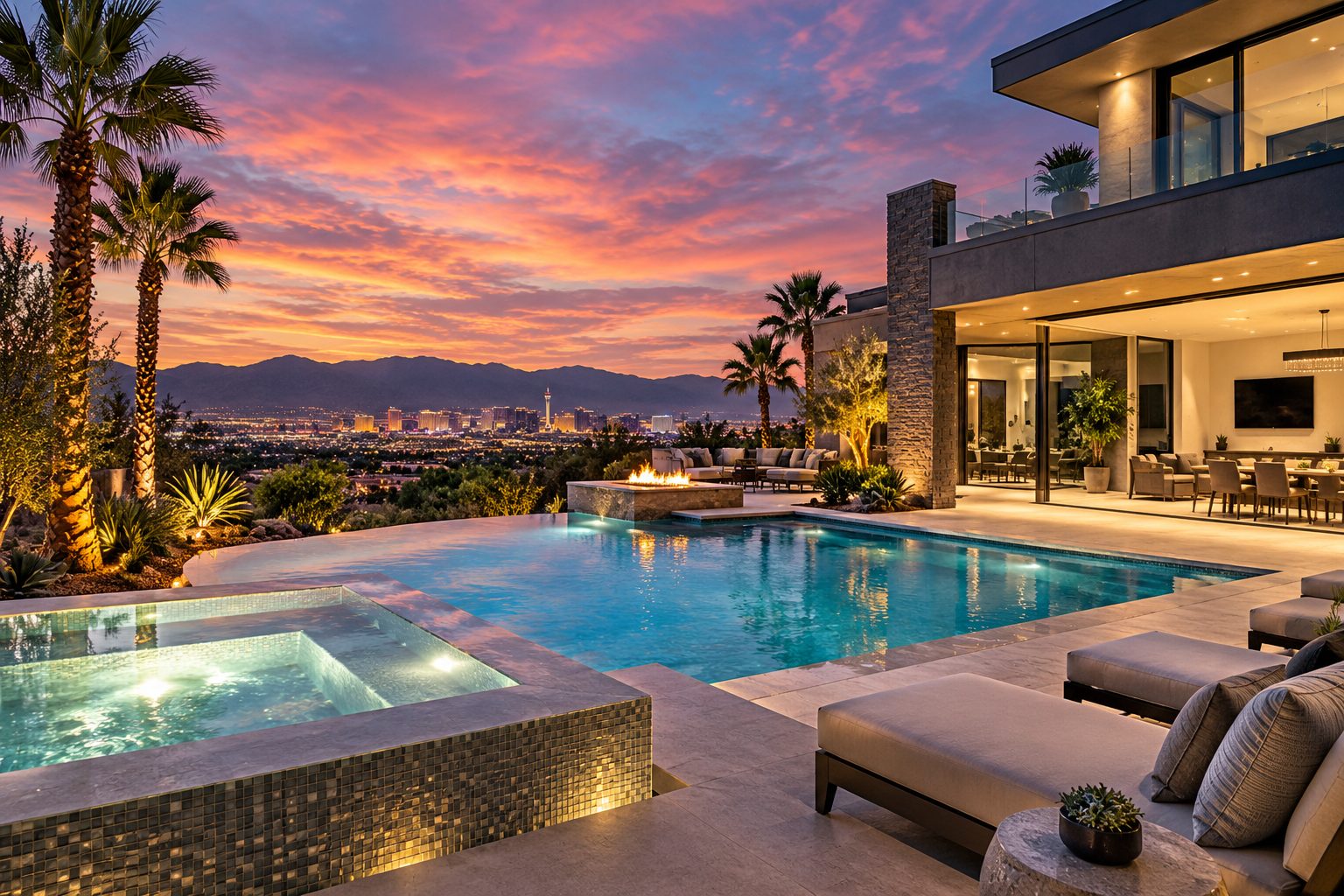 Modern hillside home with infinity pool and spa overlooking the Las Vegas Strip at sunset